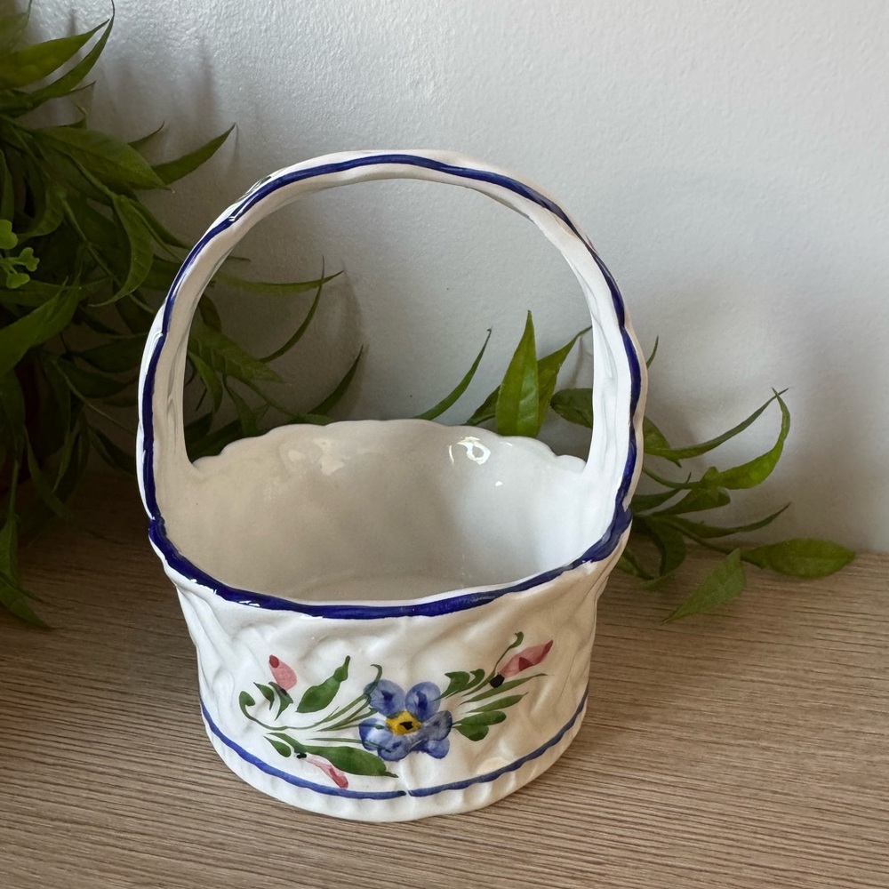Floral Ceramic Basket with Handle